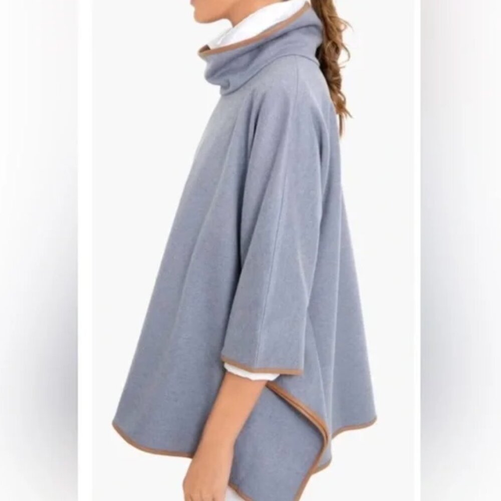 TUCKERNUCK Womens Slate Blue Leather Trim Funnel Neck Piper Poncho Gray One Size - Picture 3 of 6